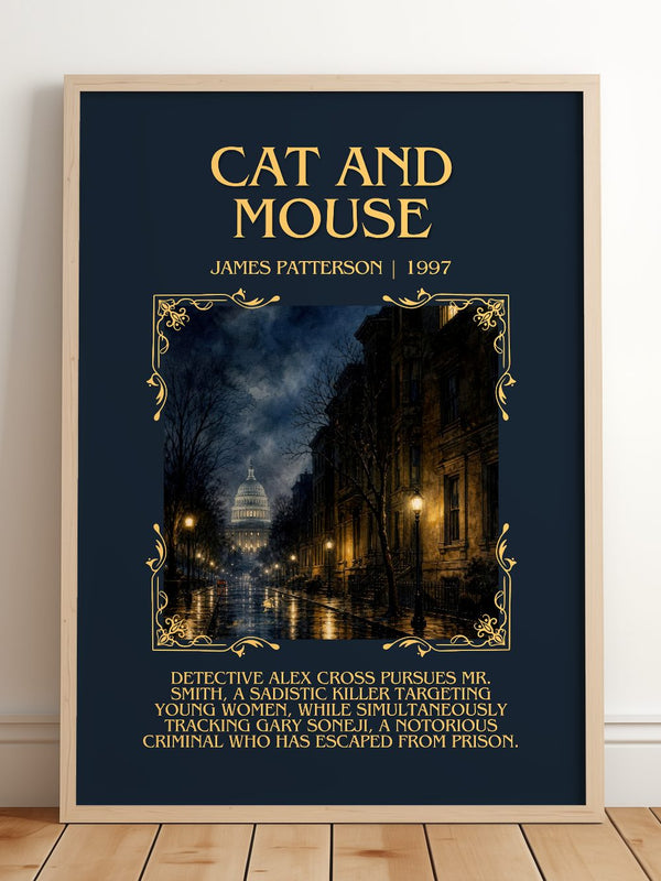 Cat And Mouse Minimalist Book Poster by James Patterson – framed print leaning on a wooden floor