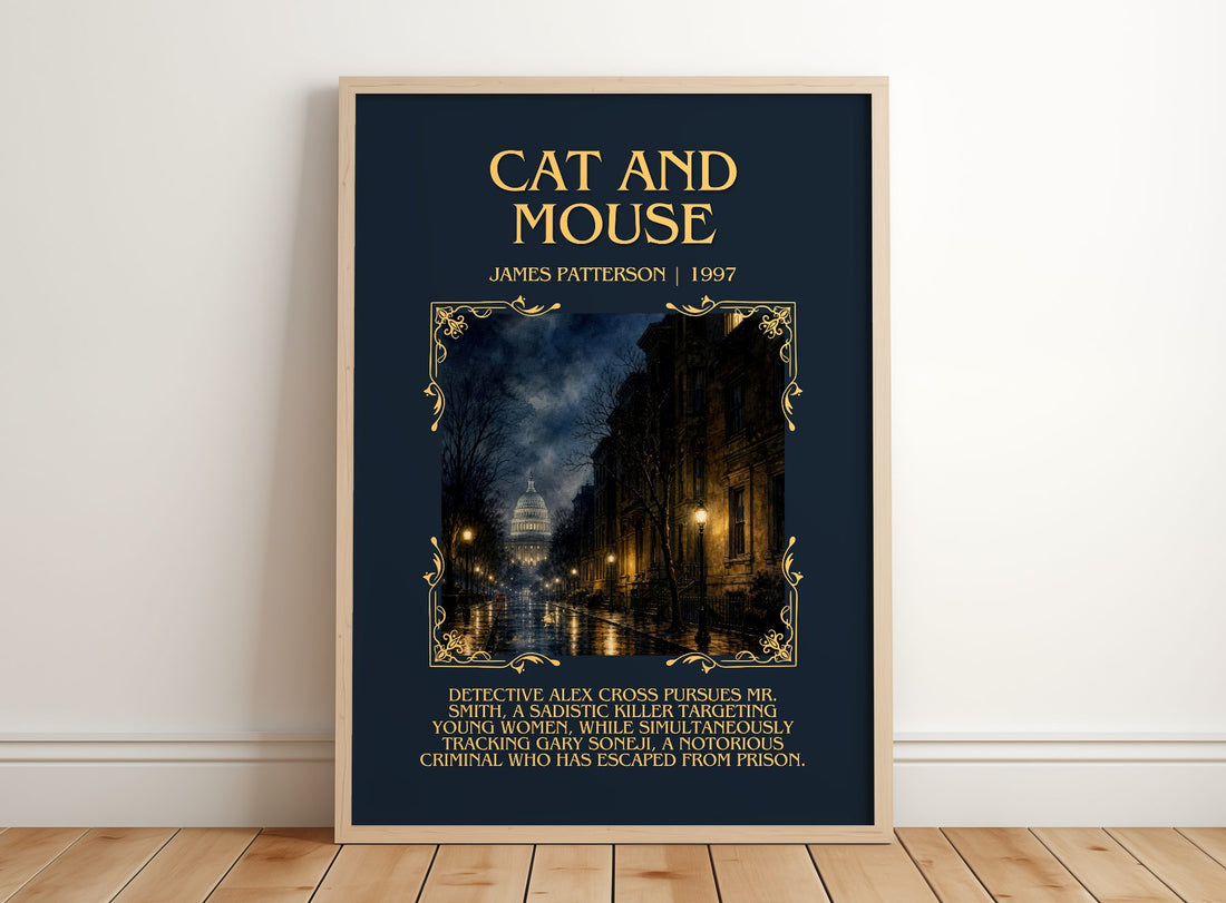 Cat And Mouse Minimalist Book Poster by James Patterson – framed print leaning on a wooden floor