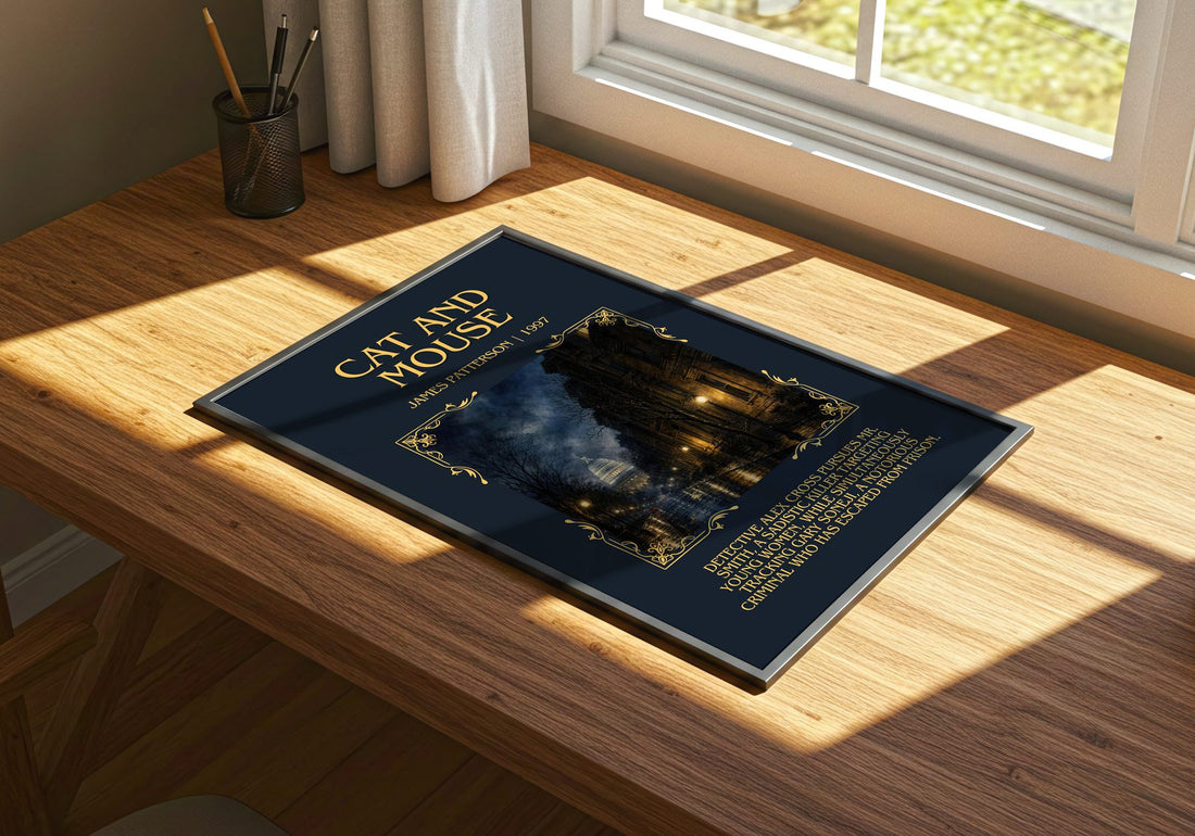Cat And Mouse Minimalist Book Poster by James Patterson – print on a sunlit desk