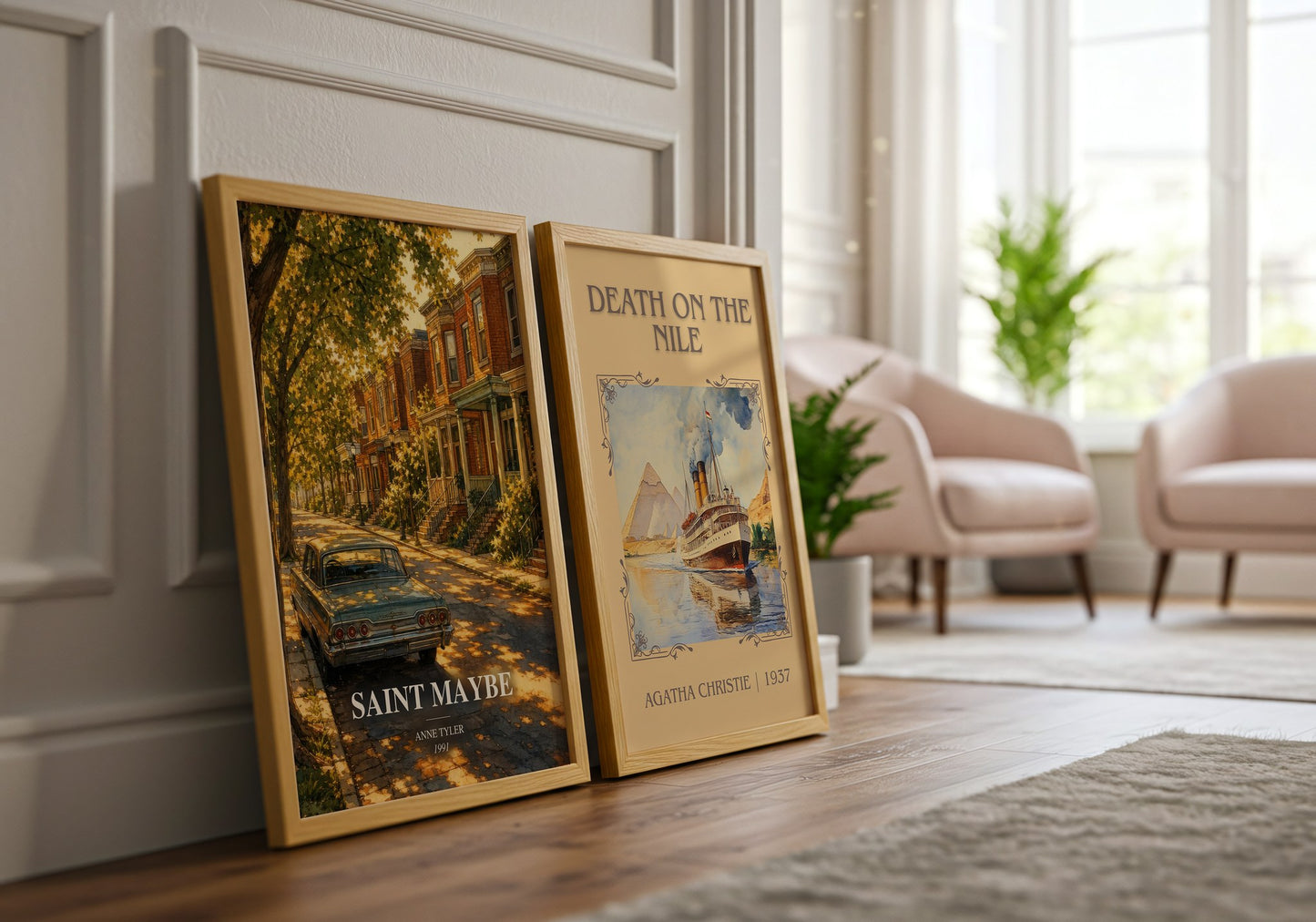 Saint Maybe watercolour print framed by window – literary home decor