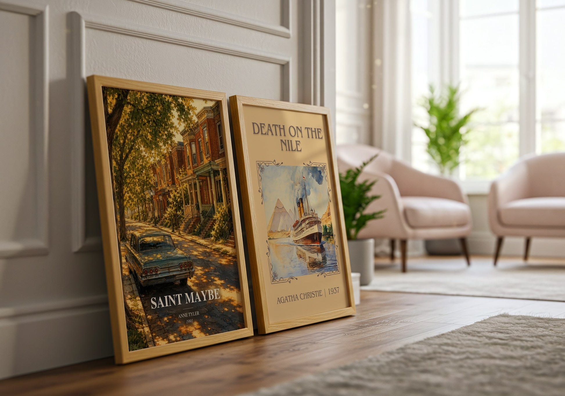 Saint Maybe watercolour print framed by window – literary home decor