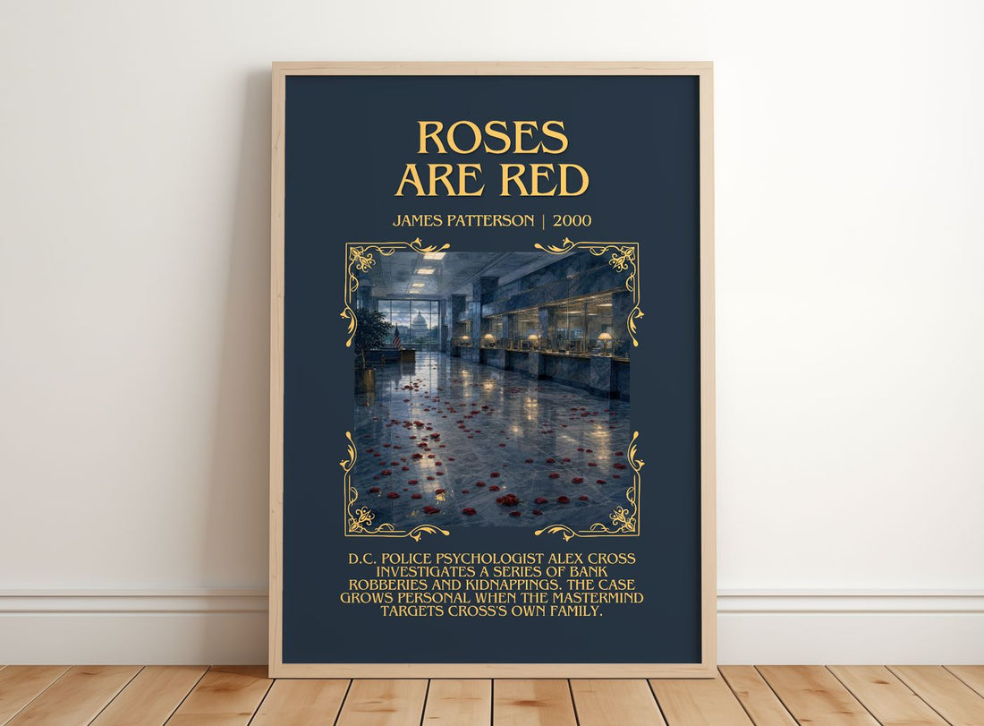 Roses Are Red Minimalist Book Poster by James Patterson – framed print leaning on a wooden floor