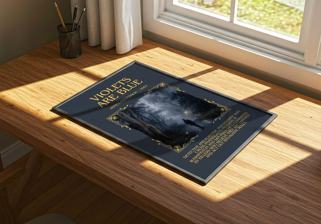 Violets Are Blue Minimalist Book Poster by James Patterson – print on a sunlit desk