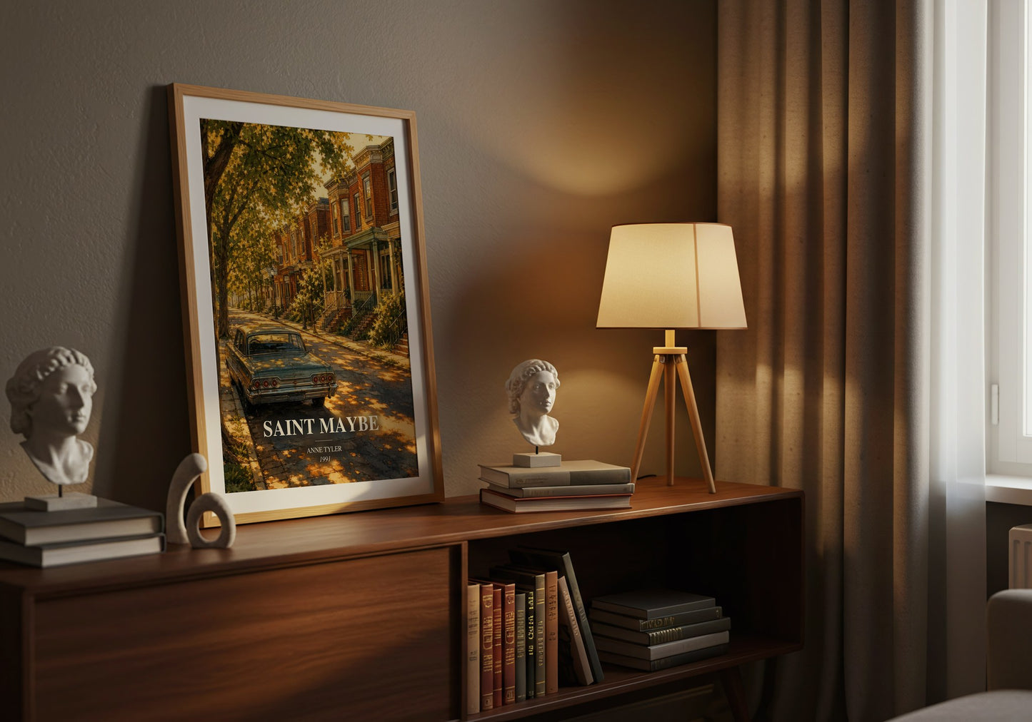 Saint Maybe watercolour print on bookshelf – Anne Tyler fan gift