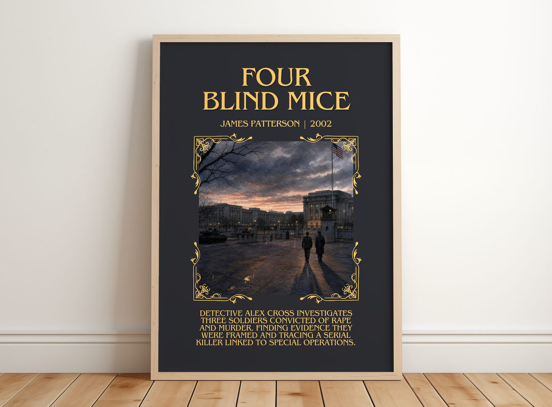 Four Blind Mice Minimalist Book Poster by James Patterson – framed print leaning on a wooden floor
