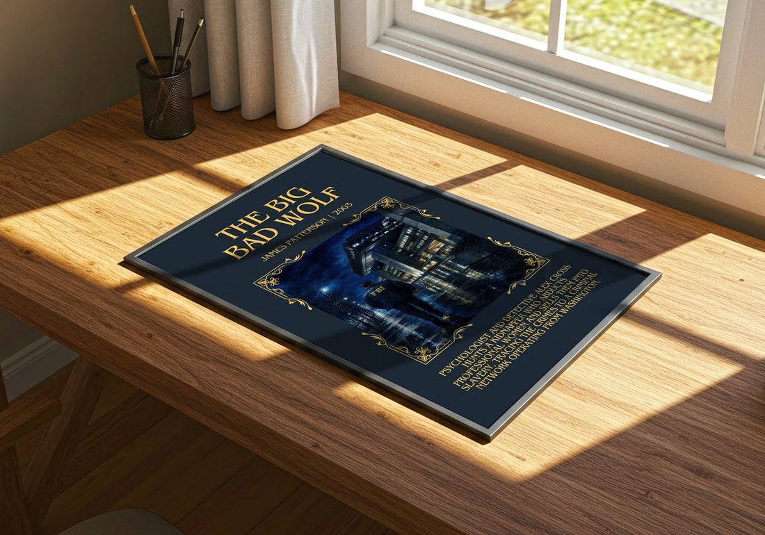 The Big Bad Wolf Minimalist Book Poster by James Patterson – print on a sunlit desk