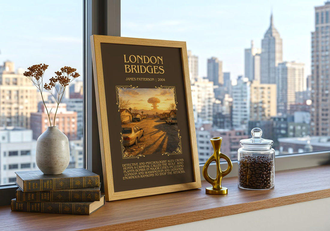 London Bridges Minimalist Book Poster by James Patterson – framed print on a city-view windowsill