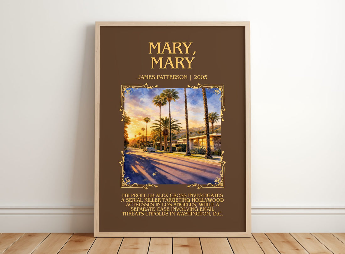 Mary, Mary Minimalist Book Poster by James Patterson – framed print leaning on a wooden floor
