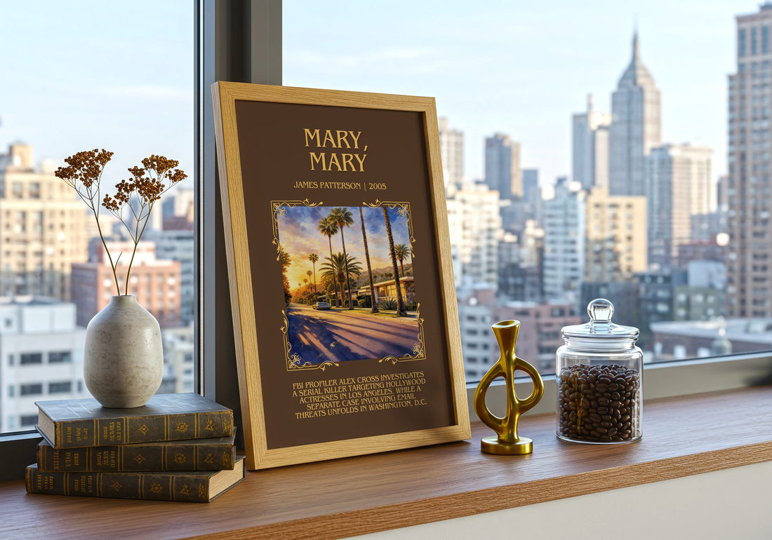 Mary, Mary Minimalist Book Poster by James Patterson – framed print on a city-view windowsill