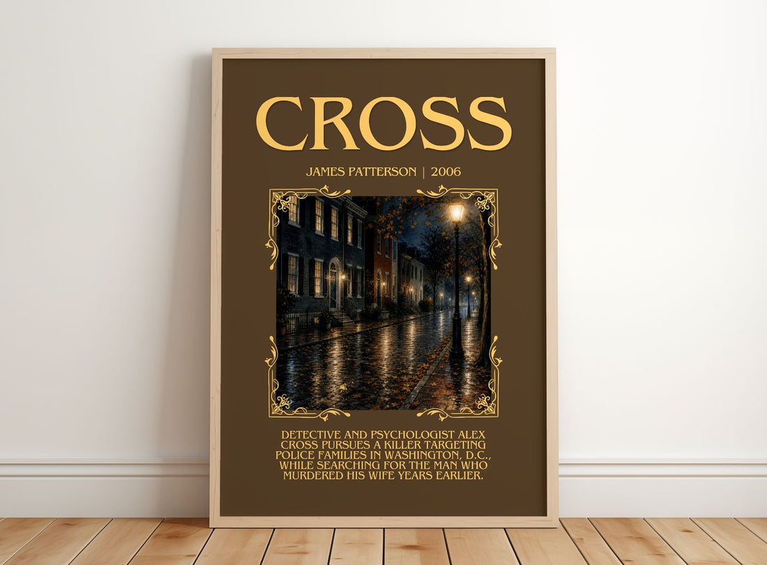 Cross Minimalist Book Poster by James Patterson – framed print leaning on a wooden floor