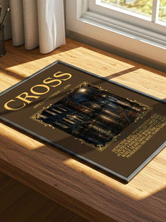 Cross Minimalist Book Poster by James Patterson – print on a sunlit desk