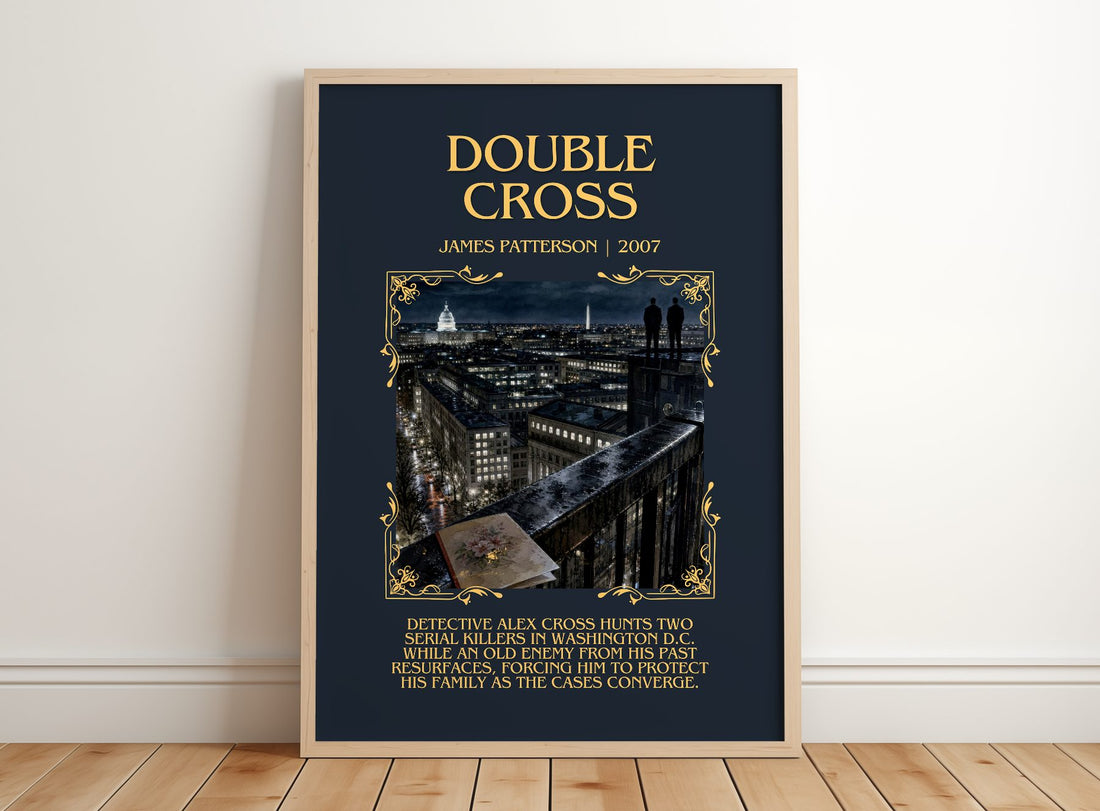 Double Cross Minimalist Book Poster by James Patterson – framed print leaning on a wooden floor