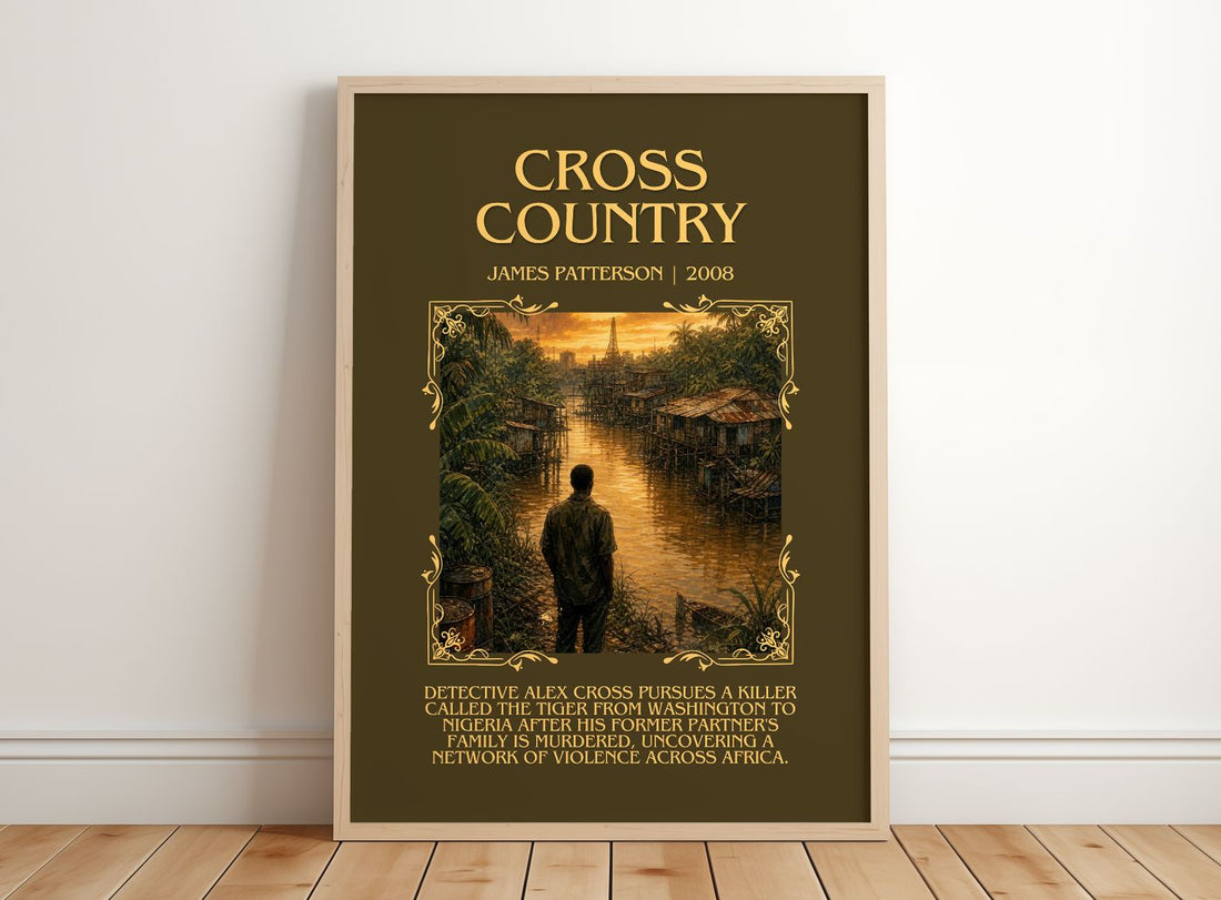Cross Country Minimalist Book Poster by James Patterson – framed print leaning on a wooden floor