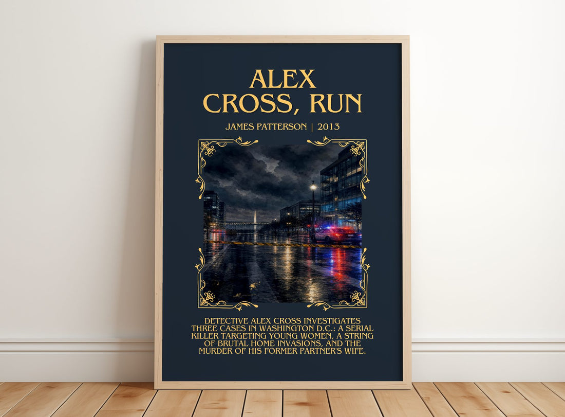 Alex Cross, Run Minimalist Book Poster by James Patterson – framed print leaning on a wooden floor