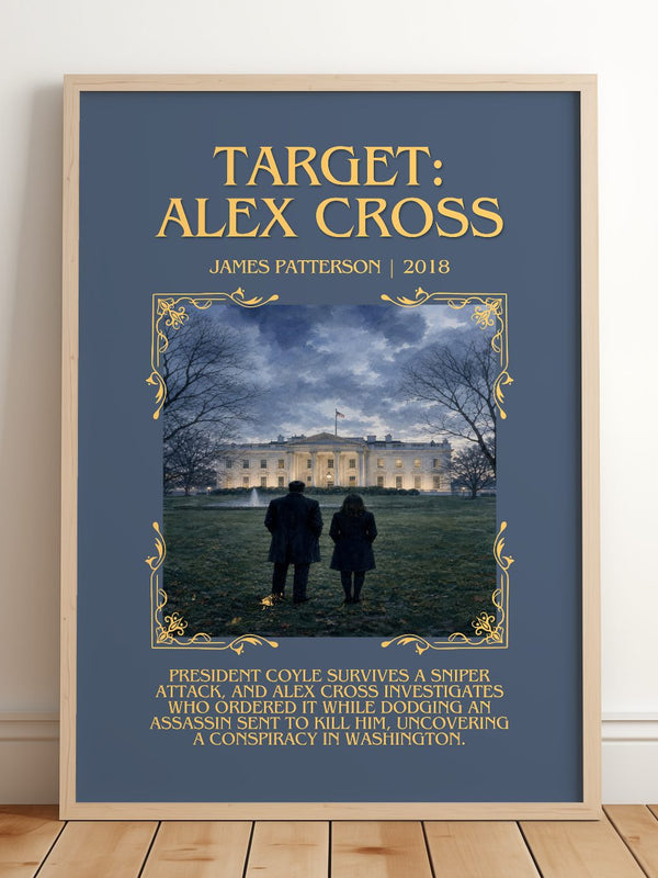 Target: Alex Cross Minimalist Book Poster by James Patterson – framed print leaning on a wooden floor