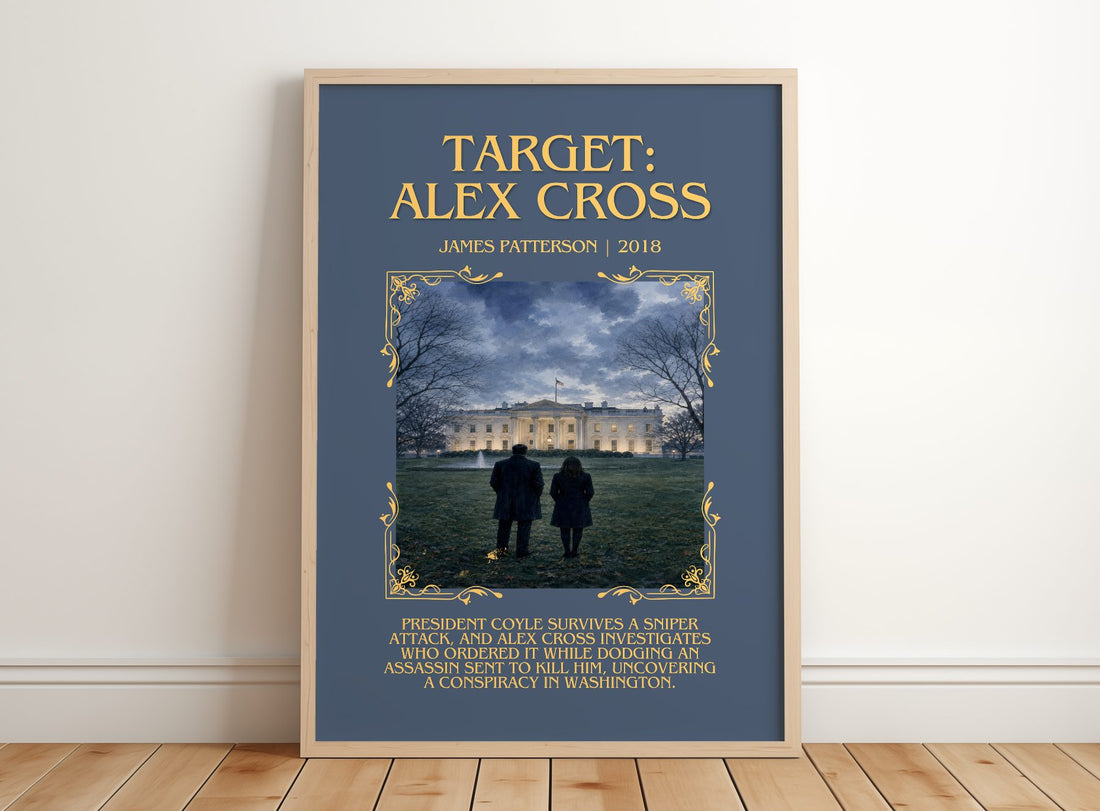 Target: Alex Cross Minimalist Book Poster by James Patterson – framed print leaning on a wooden floor