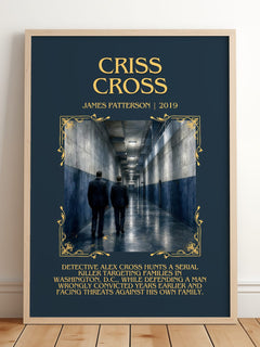 Criss Cross Minimalist Book Poster by James Patterson – framed print leaning on a wooden floor