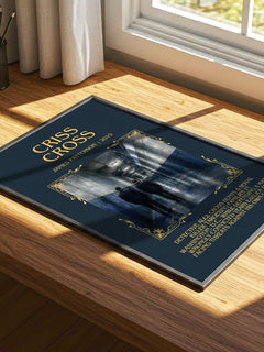 Criss Cross Minimalist Book Poster by James Patterson – print on a sunlit desk