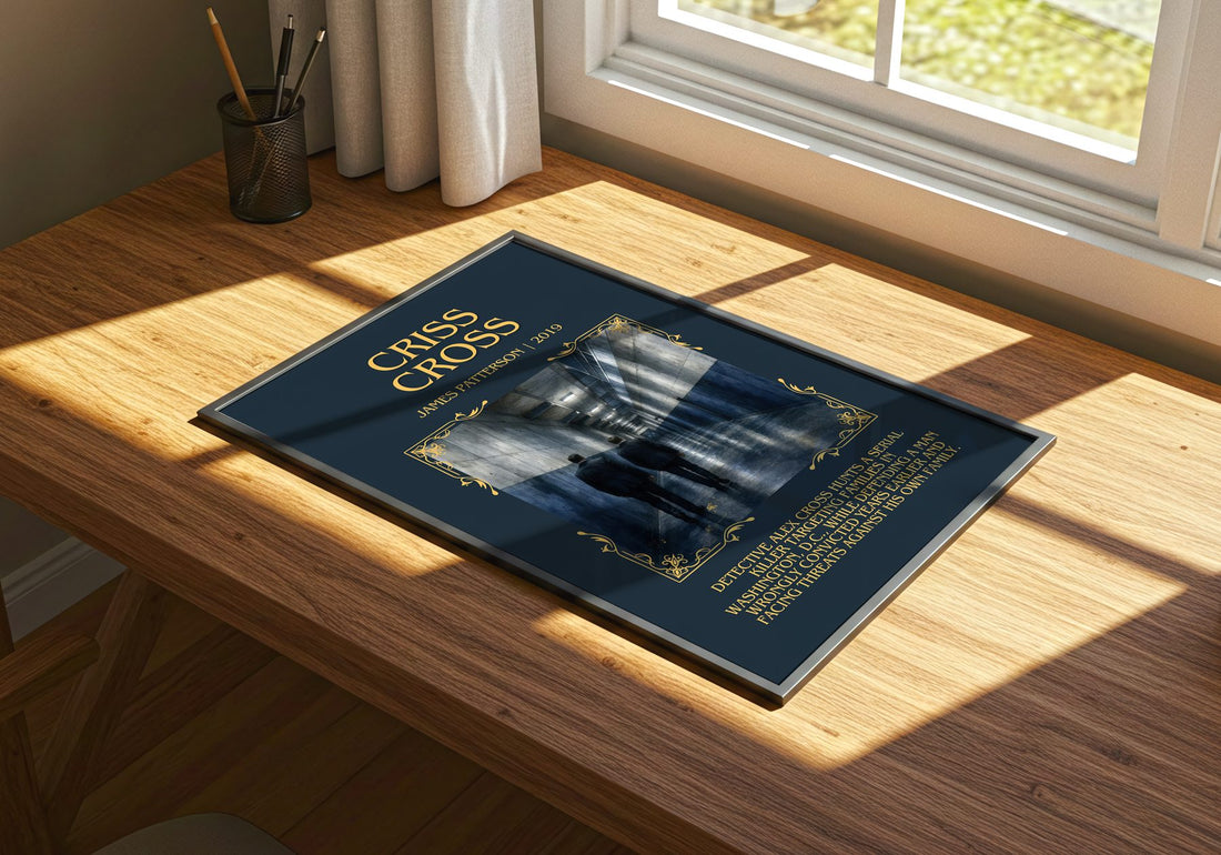 Criss Cross Minimalist Book Poster by James Patterson – print on a sunlit desk