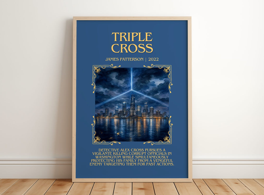 Triple Cross Minimalist Book Poster by James Patterson – framed print leaning on a wooden floor