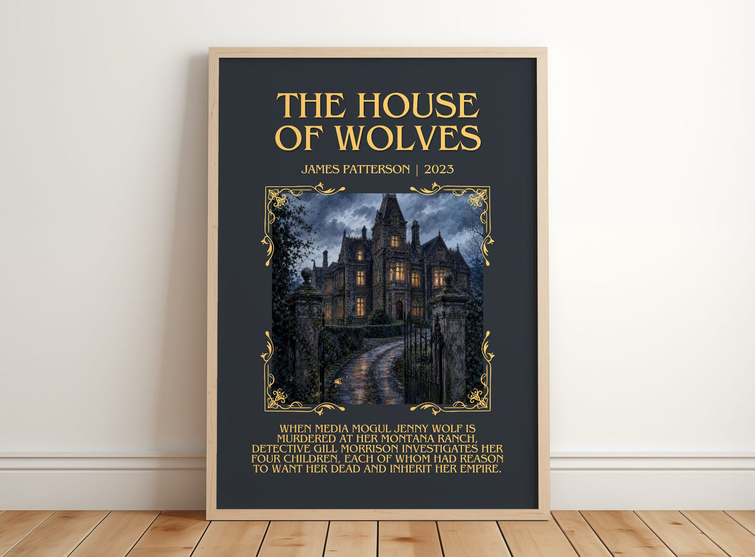 The House Of Wolves Minimalist Book Poster by James Patterson – framed print leaning on a wooden floor