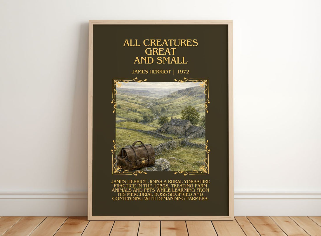 All Creatures Great And Small Minimalist Book Poster by James Herriot – framed print leaning on a wooden floor