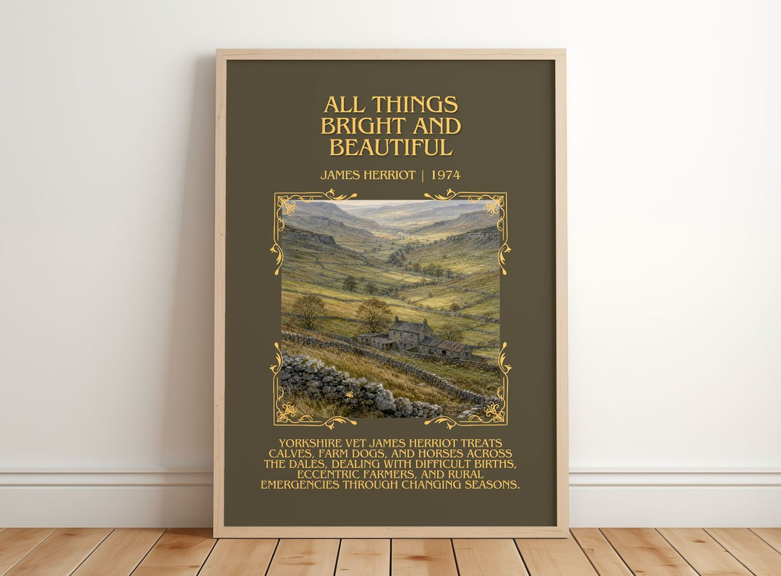 All Things Bright And Beautiful Minimalist Book Poster by J. Herriot – framed print leaning on a wooden floor