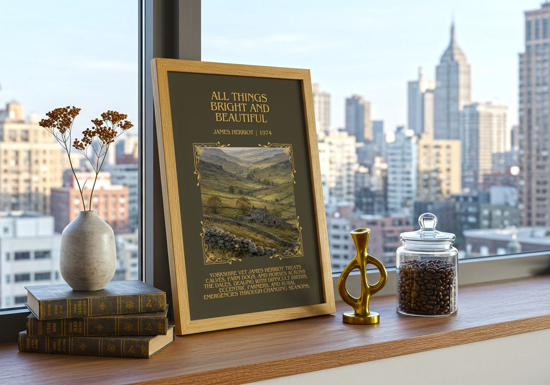 All Things Bright And Beautiful Minimalist Book Poster by J. Herriot – framed print on a city-view windowsill