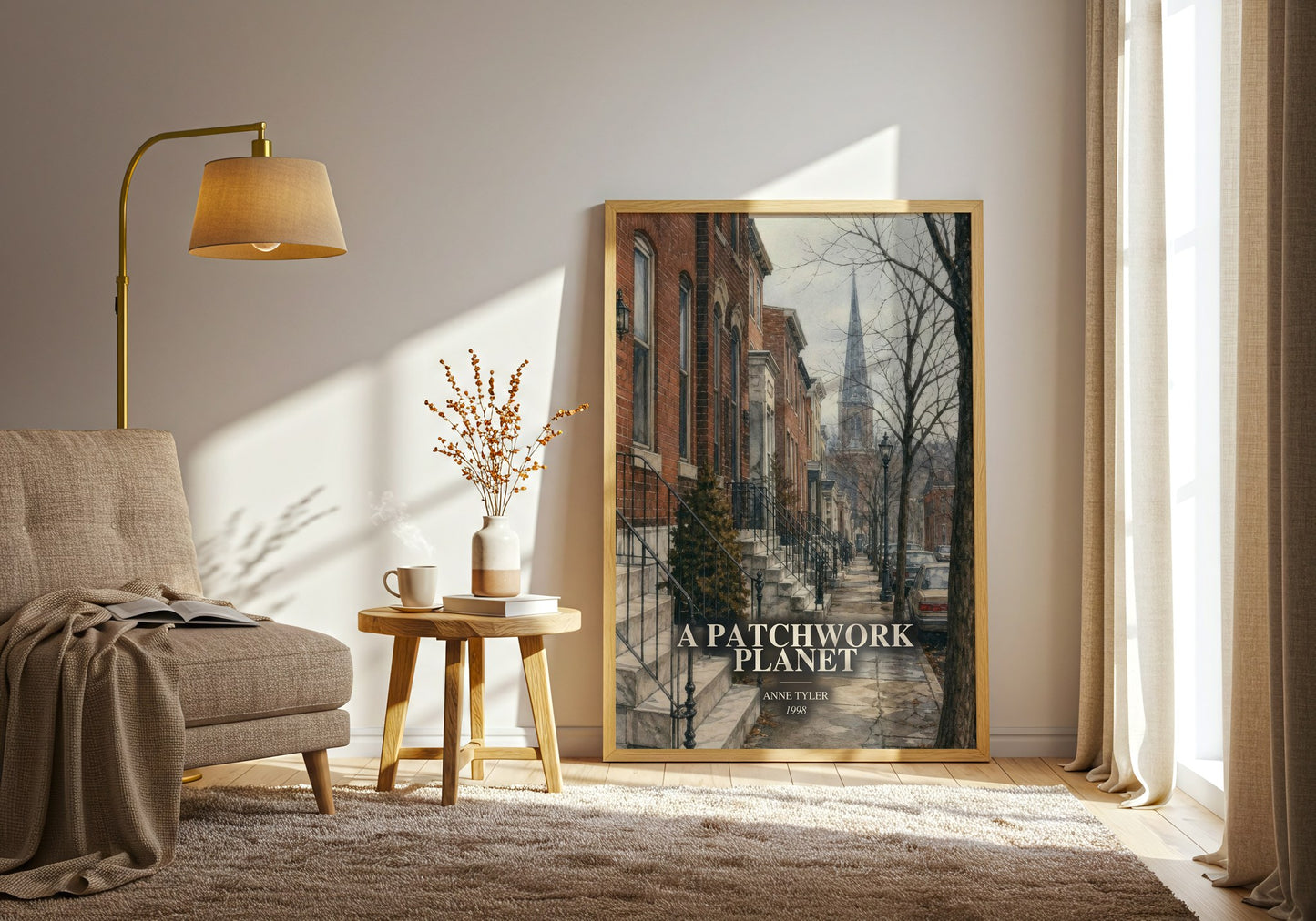 A Patchwork Planet watercolour print in frame leaning in hallway – contemporary fiction wall art