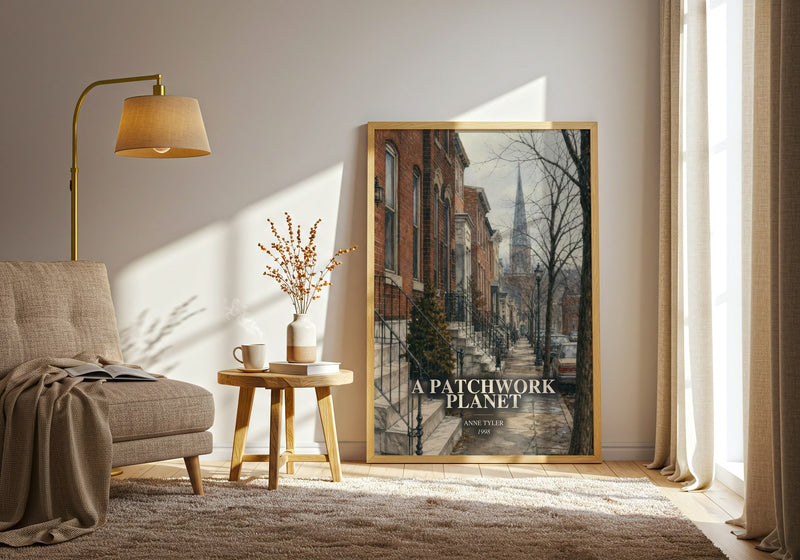 A Patchwork Planet watercolour print in frame leaning in hallway – contemporary fiction wall art