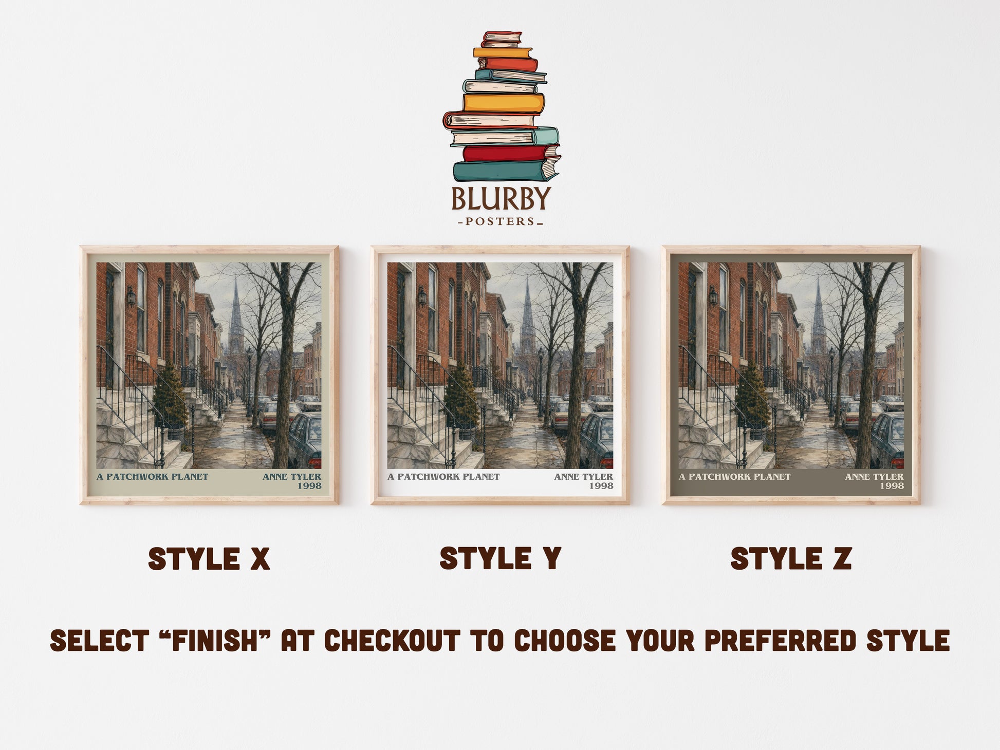 A Patchwork Planet literary print in frame leaning in hallway – contemporary fiction wall art