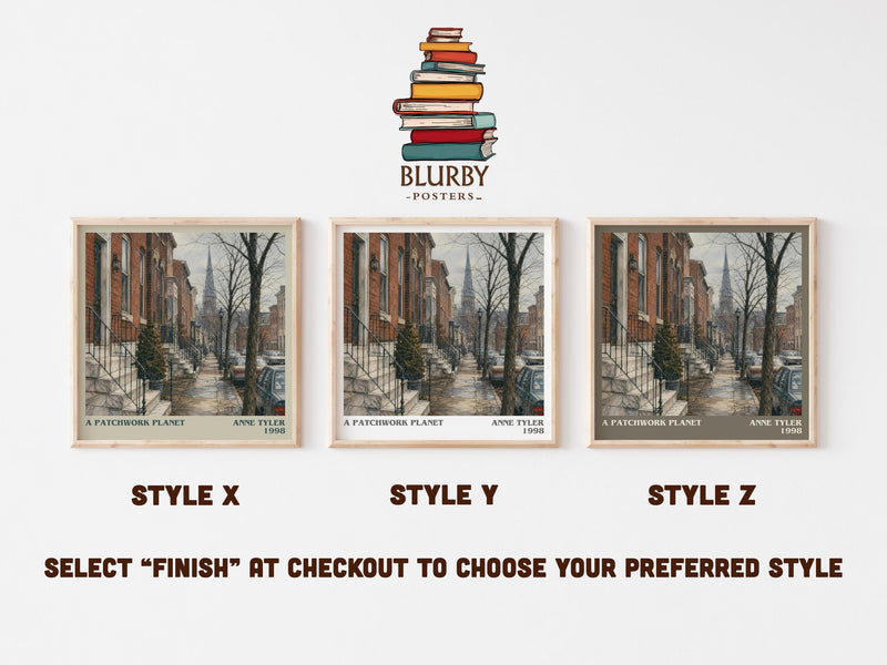 A Patchwork Planet literary print in frame leaning in hallway – contemporary fiction wall art