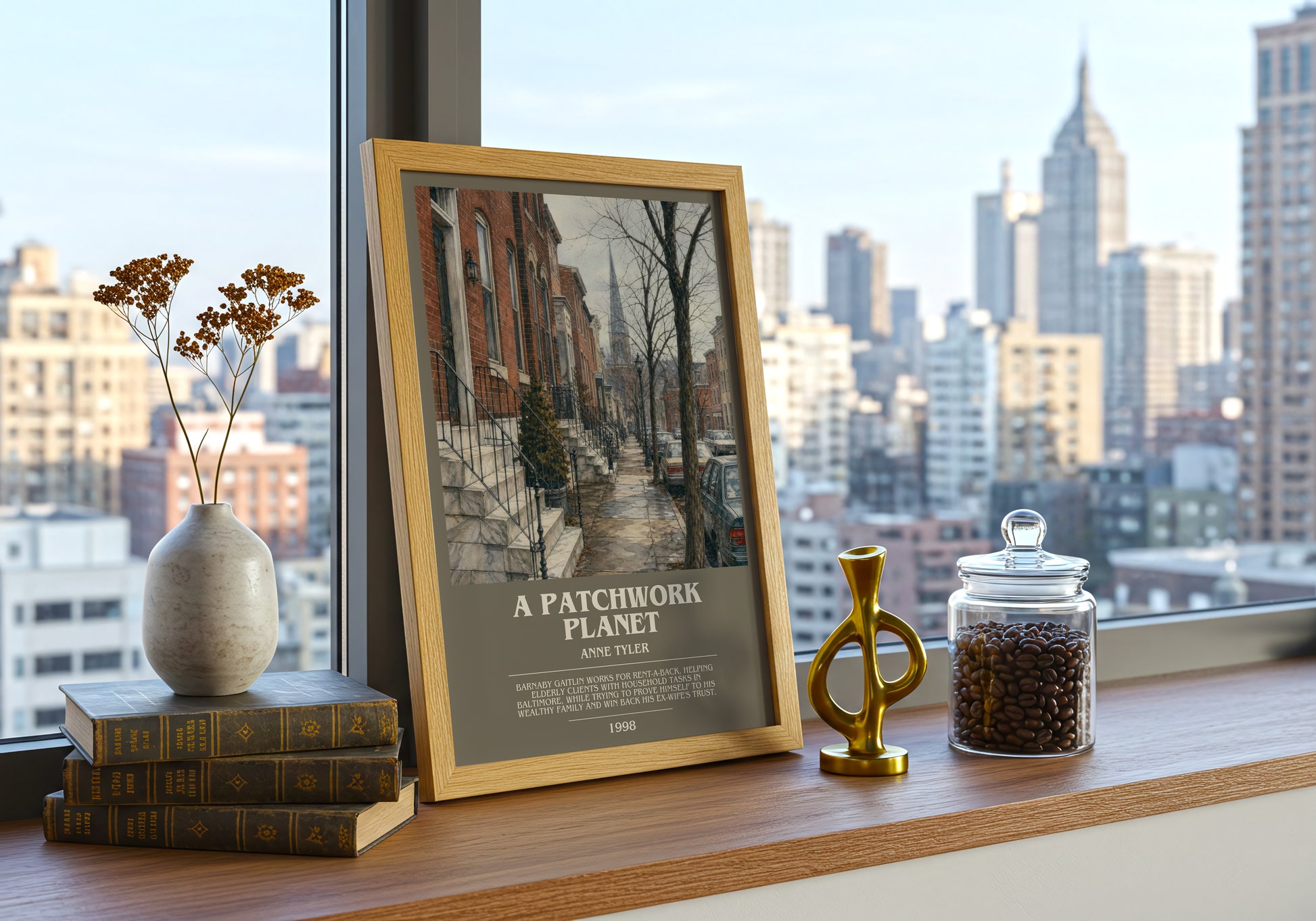 A Patchwork Planet bookish print framed by window – literary home decor