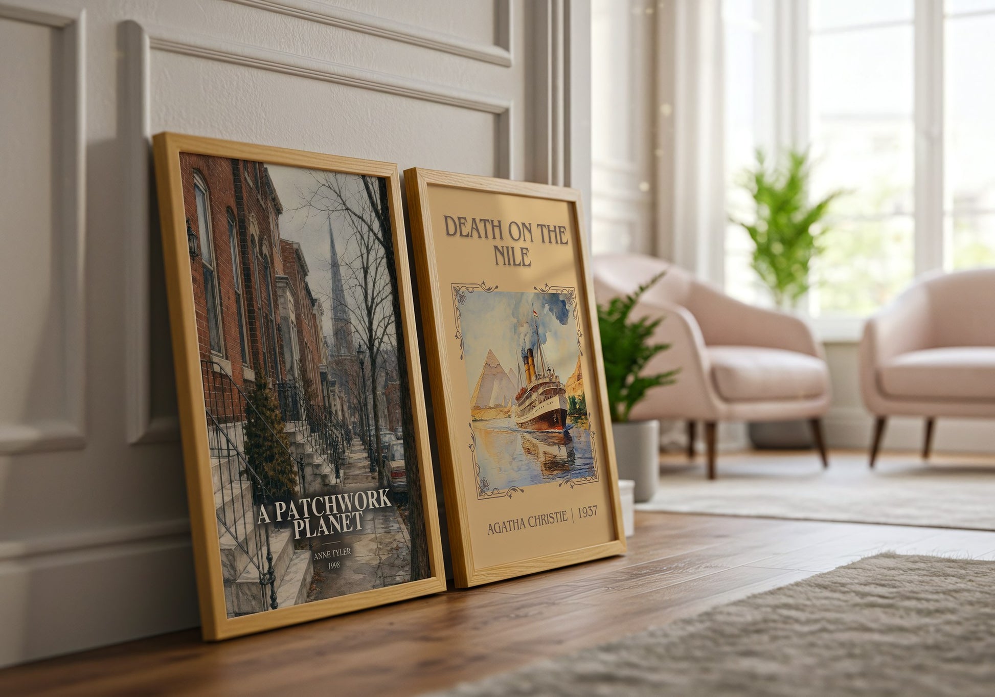 A Patchwork Planet watercolour print framed by window – literary home decor