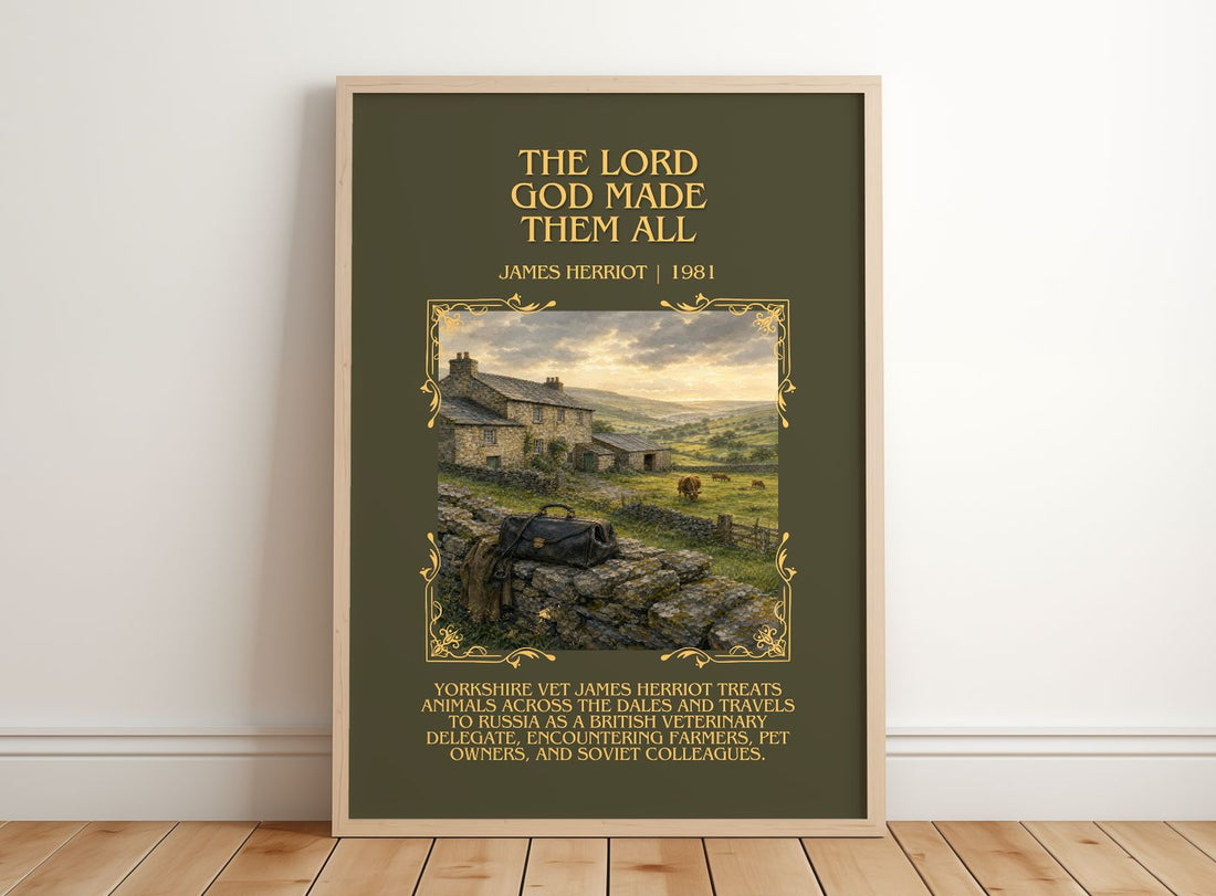 The Lord God Made Them All Minimalist Book Poster by James Herriot – framed print leaning on a wooden floor