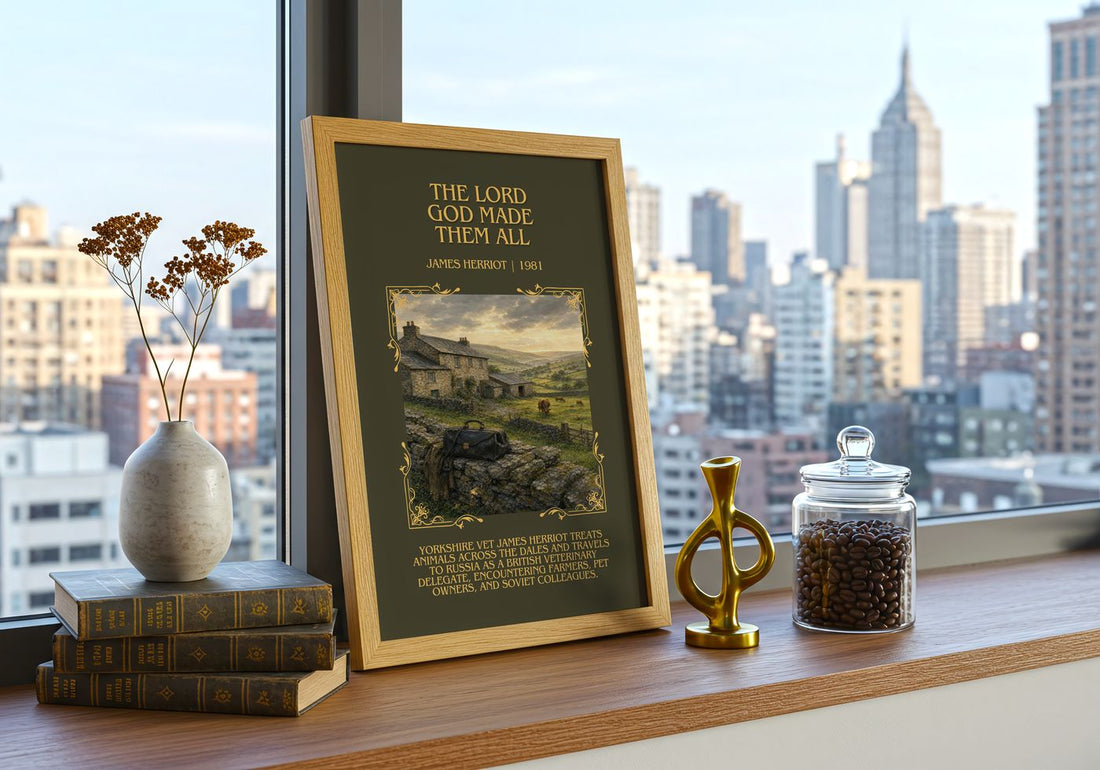 The Lord God Made Them All Minimalist Book Poster by James Herriot – framed print on a city-view windowsill
