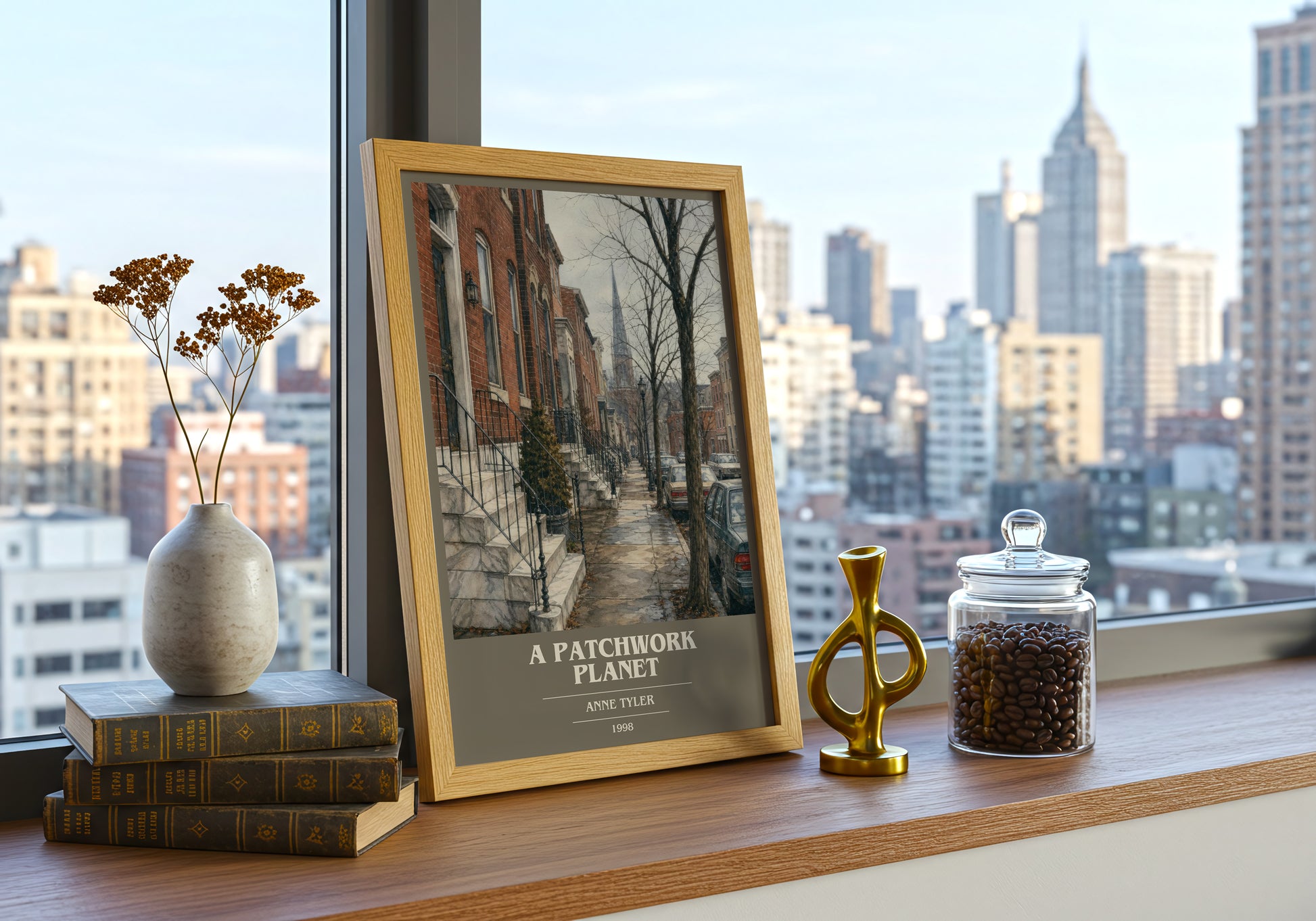 A Patchwork Planet book cover print framed by window – literary home decor