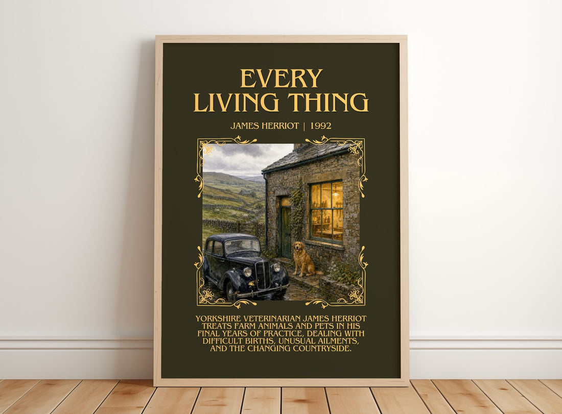 Every Living Thing Minimalist Book Poster by James Herriot – framed print leaning on a wooden floor