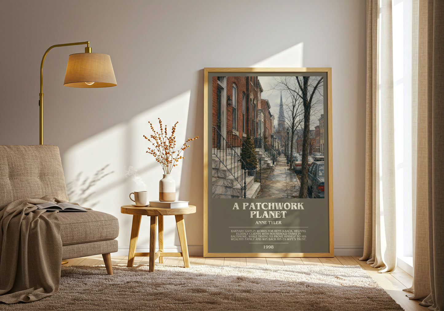 A Patchwork Planet bookish print on bookshelf – Anne Tyler fan gift