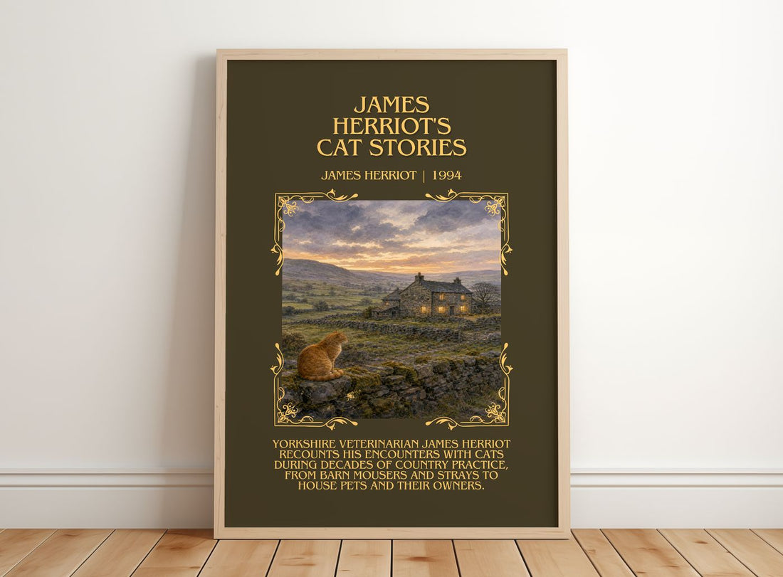 James Herriot'S Cat Stories Minimalist Book Poster by James Herriot – framed print leaning on a wooden floor