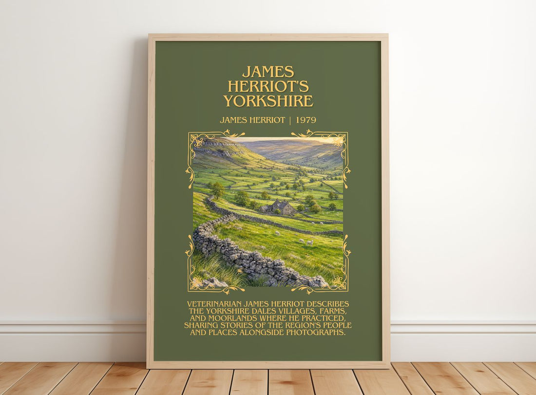 James Herriot'S Yorkshire Minimalist Book Poster by James Herriot – framed print leaning on a wooden floor
