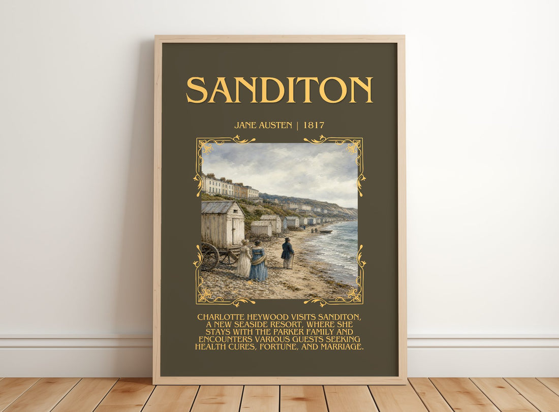 Sanditon Minimalist Book Poster by Jane Austen – framed print leaning on a wooden floor