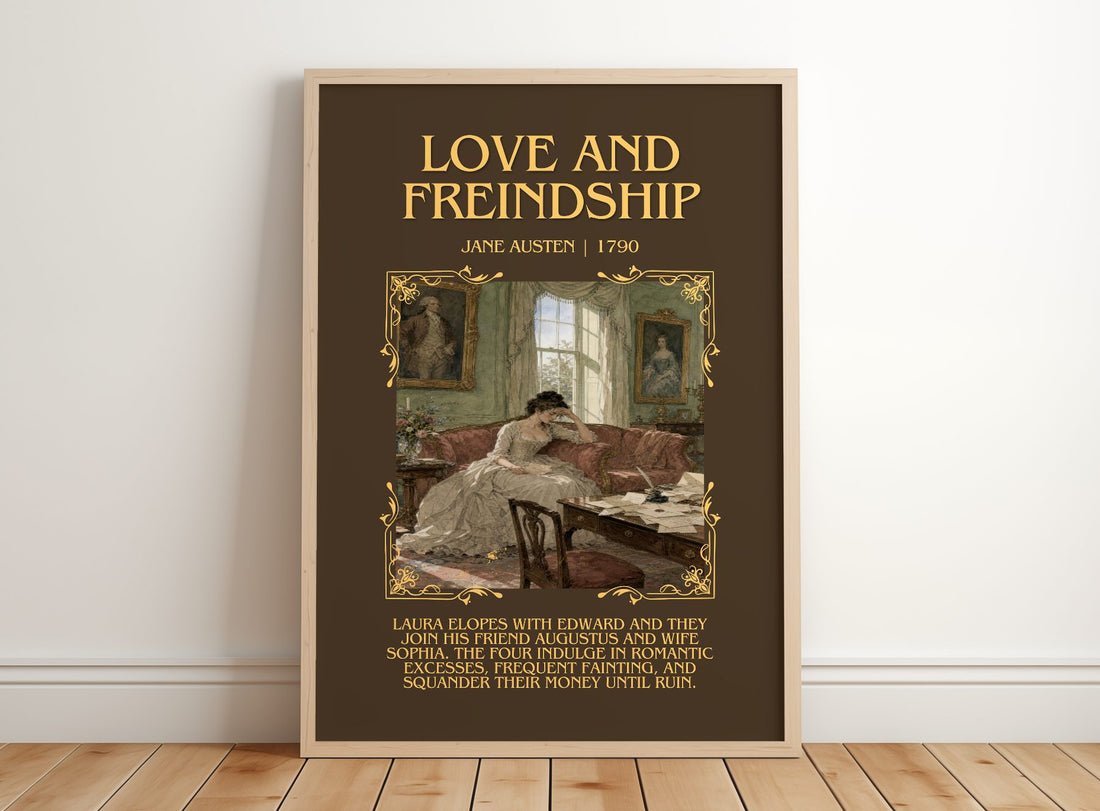 Love And Freindship Minimalist Book Poster by Jane Austen – framed print leaning on a wooden floor