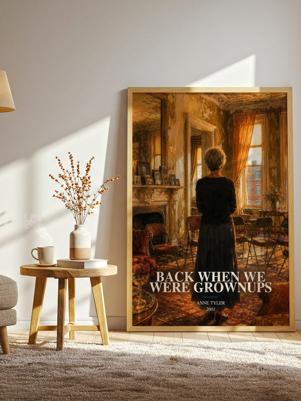 Back When We Were Grownups watercolour print in frame leaning in hallway – contemporary fiction wall art