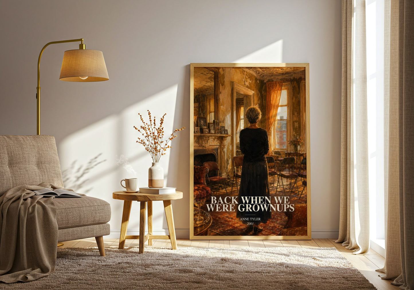 Back When We Were Grownups watercolour print in frame leaning in hallway – contemporary fiction wall art