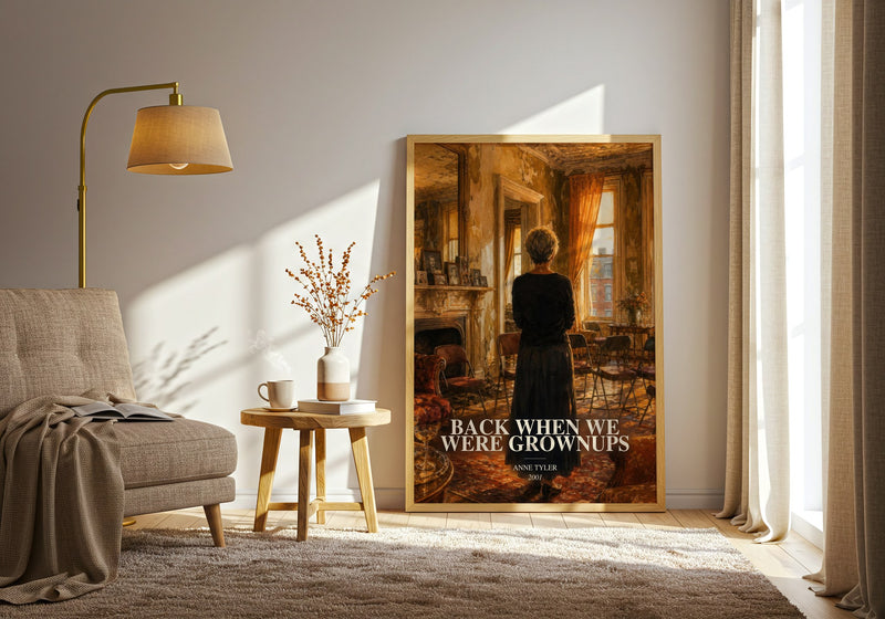 Back When We Were Grownups watercolour print in frame leaning in hallway – contemporary fiction wall art