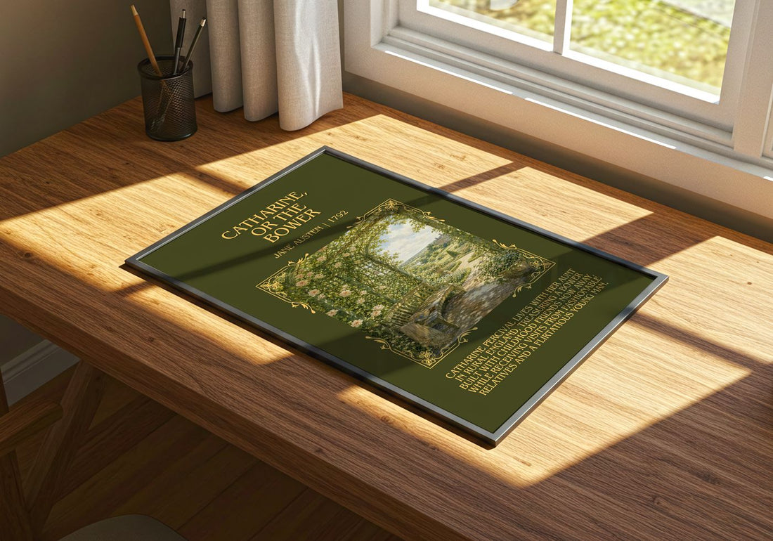 Catharine, Or The Bower Minimalist Book Poster by Jane Austen – print on a sunlit desk