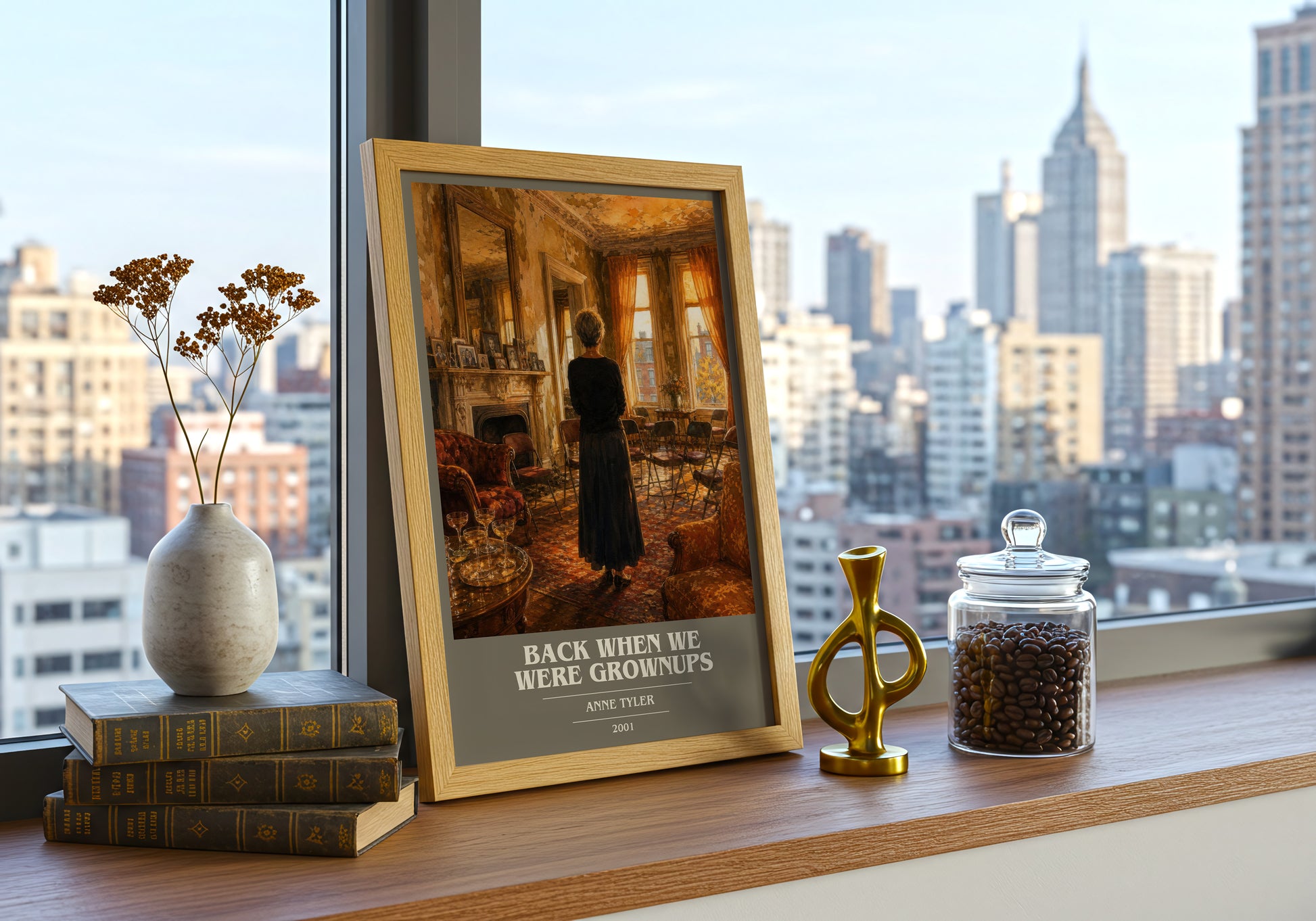 Back When We Were Grownups book cover print framed by window – literary home decor
