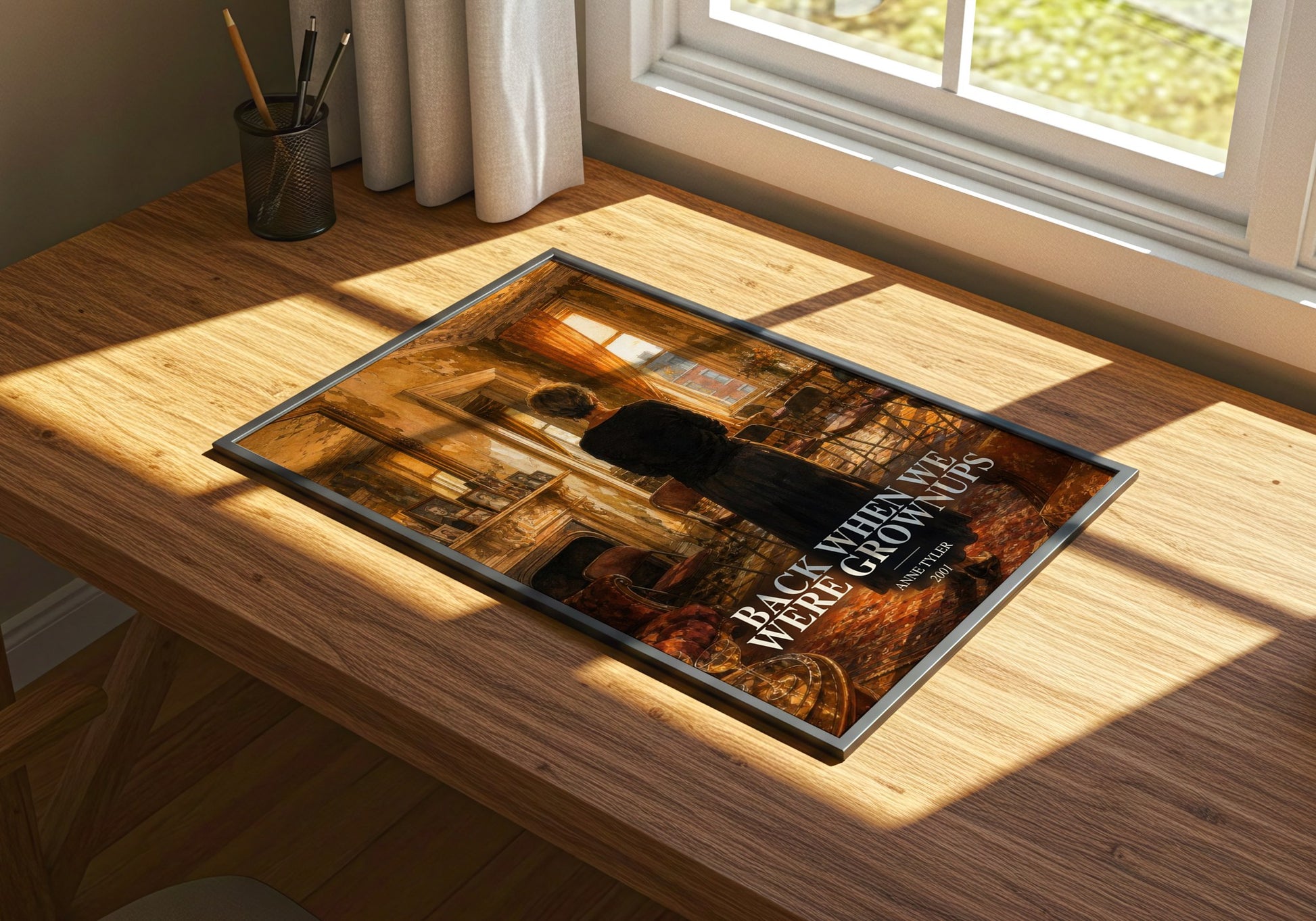 Back When We Were Grownups watercolour book poster framed on wall – contemporary fiction wall art