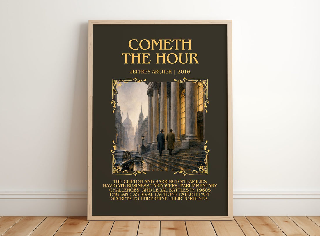 Cometh The Hour Minimalist Book Poster by Jeffrey Archer – framed print leaning on a wooden floor